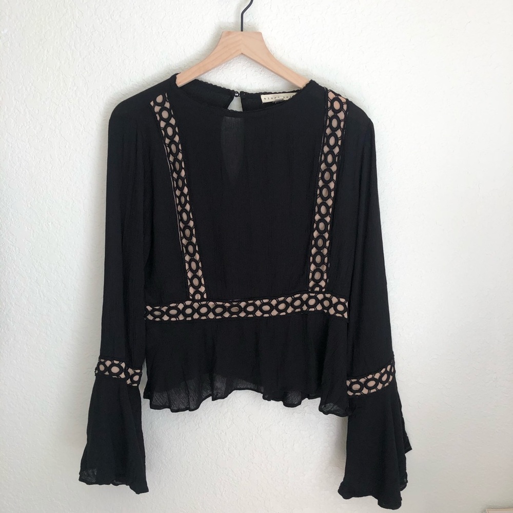 Black/Nude Bell Sleeve Blouse Lace Detail